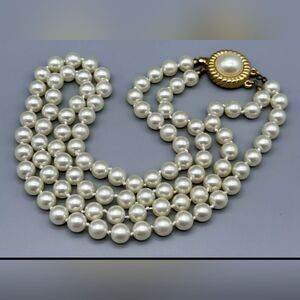 Vintage Gold Tone Pearl Beaded Double Strand Necklace,18"